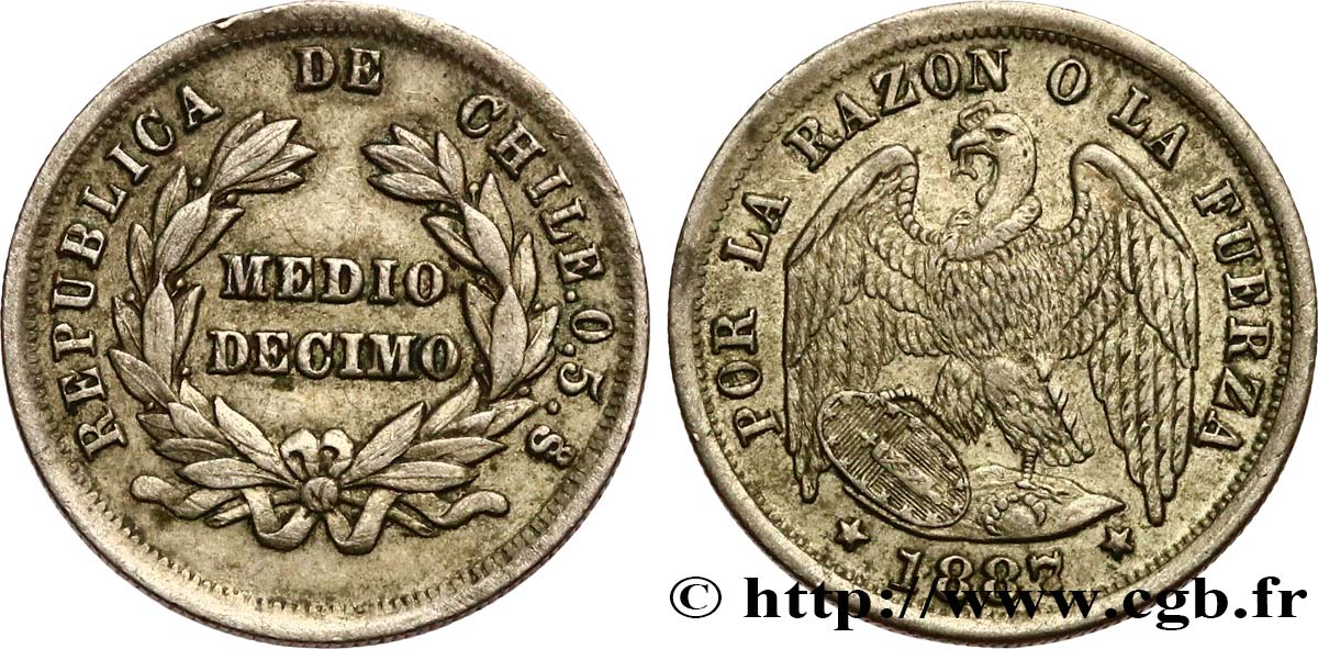 CHILI 1/2 Decimo condor 1887 Santiago - S° TTB+ 