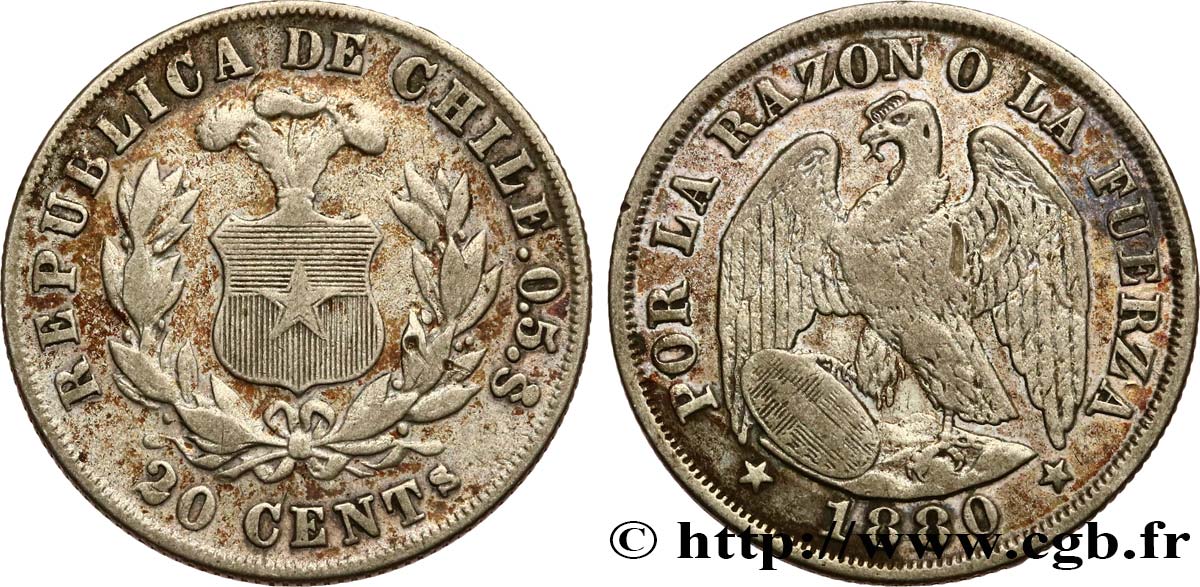 CHILI 20 Centavos emblème / condor 1880 Santiago - S° TTB 