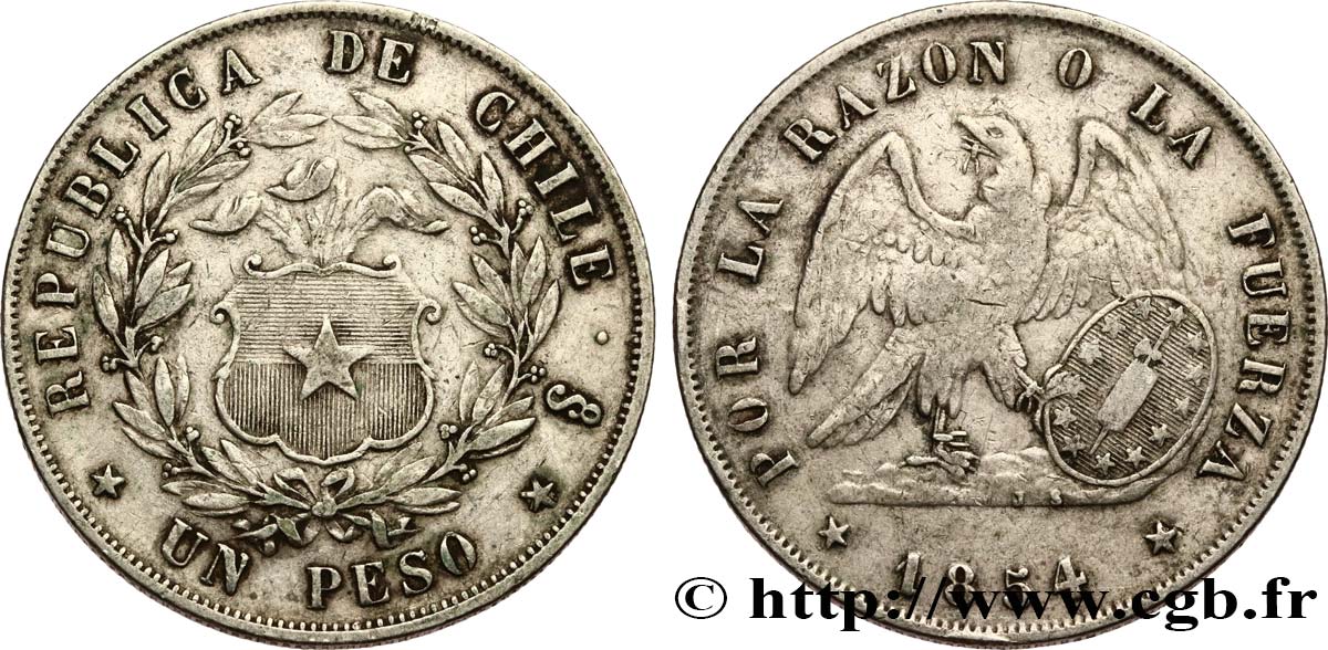 CHILE
 1 Peso Condor 1854 Santiago BC+ 