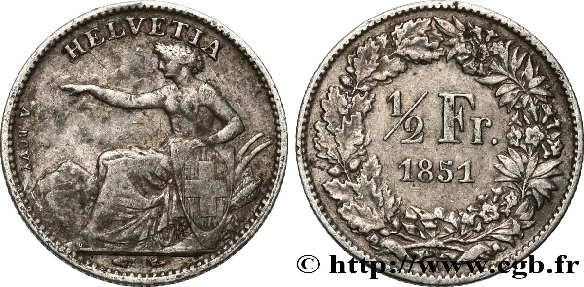 SWITZERLAND 1/2 Franc Helvetia 1851 Paris XF 