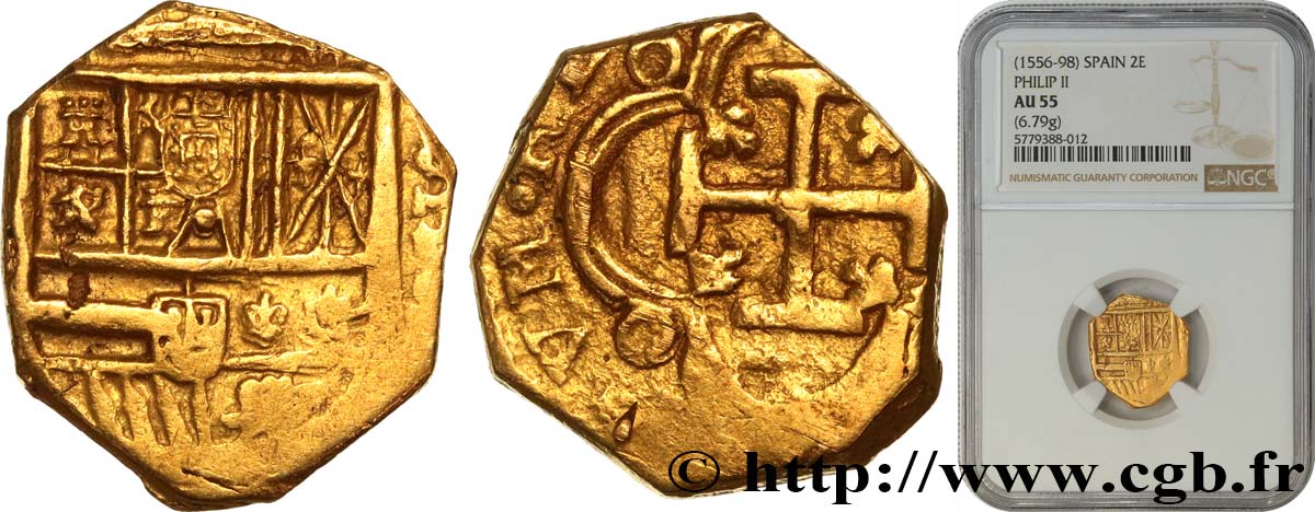 SPAIN - KINGDOM OF SPAIN - PHILIP II 2 Escudos n.d. Indeterminé AU55 NGC