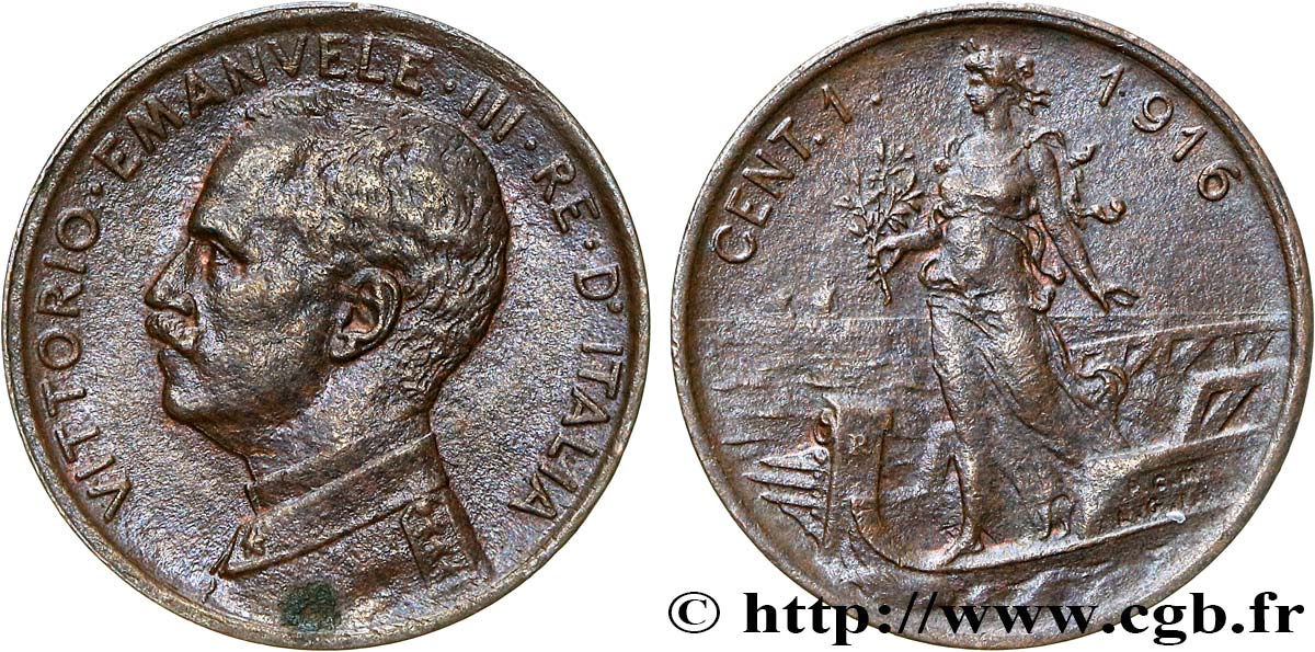 ITALY 1 Centesimo Victor Emmanuel III 1916 Rome XF 