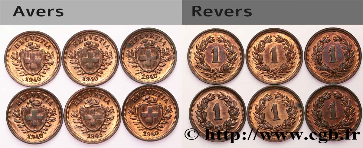 SVIZZERA  Lot de six pièces de 1 Centime Croix Suisse 1940-1941 Berne MS 