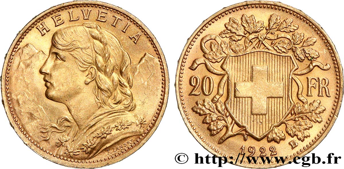 INVESTMENT GOLD 20 Francs  Vreneli   1922 Berne SC 