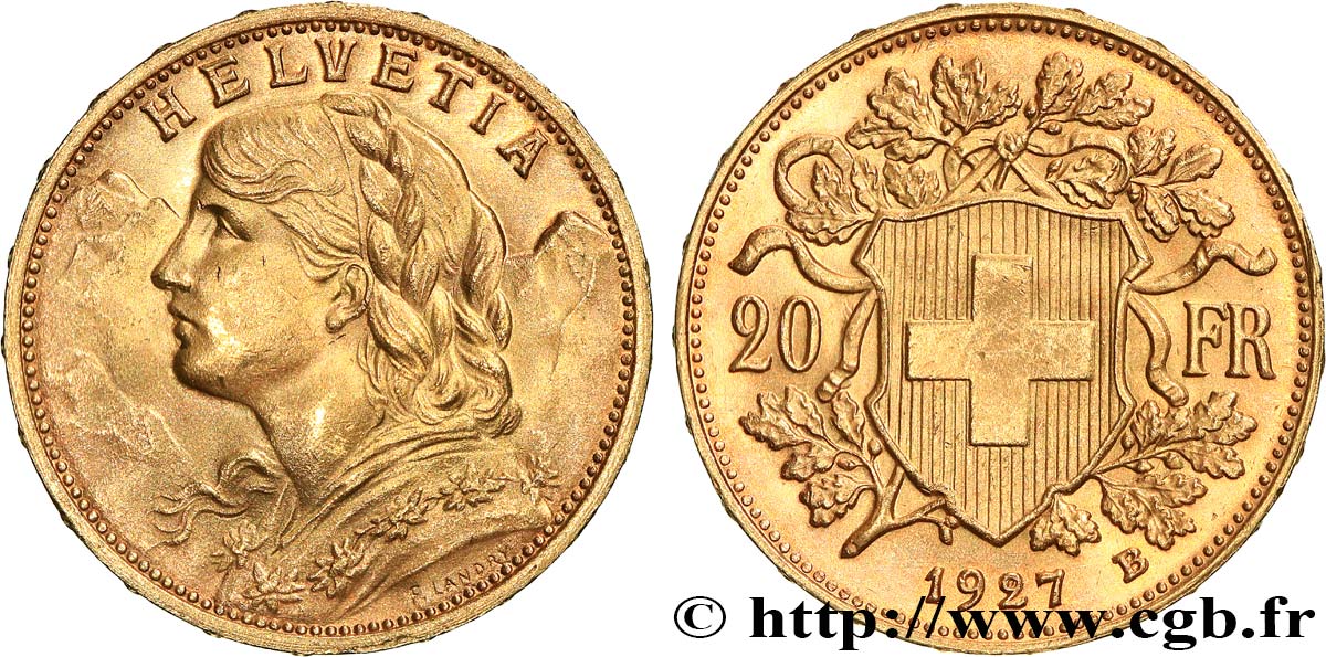 INVESTMENT GOLD 20 Francs or  Vreneli  1927 Berne MS 