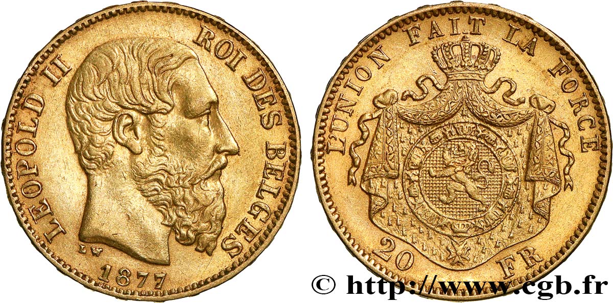 INVESTMENT GOLD 20 Francs Léopold II 1877 Bruxelles AU 