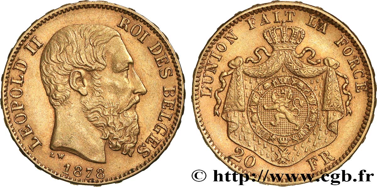 INVESTMENT GOLD 20 Francs or Léopold II 1878 Bruxelles AU 
