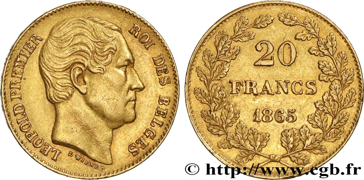 INVESTMENT GOLD 20 Francs Léopold Ier 1865 Bruxelles XF 