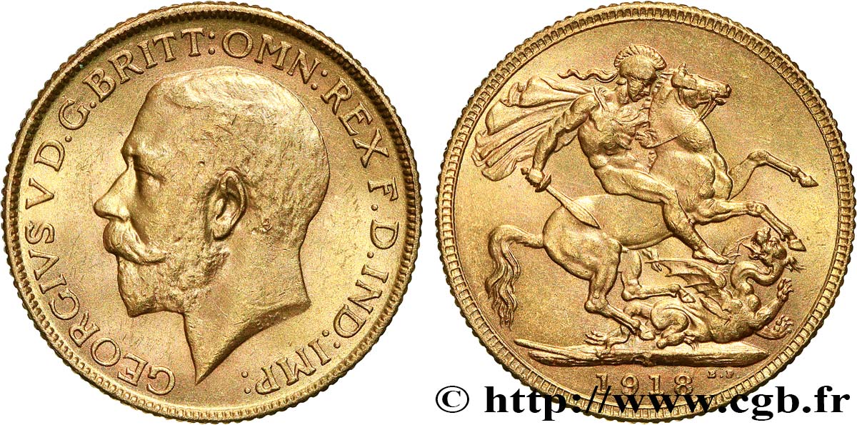 INVESTMENT GOLD 1 Souverain Georges V 1918 Bombay AU 