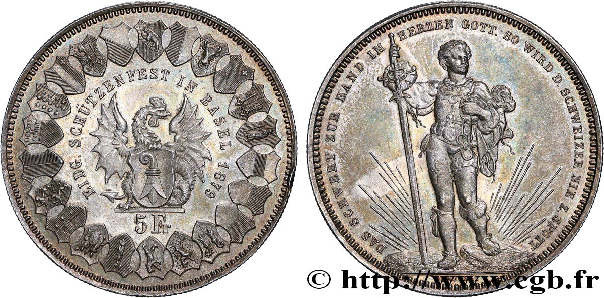SWITZERLAND 5 Francs, monnaie de Tir, Bâle 1879  MS/AU 