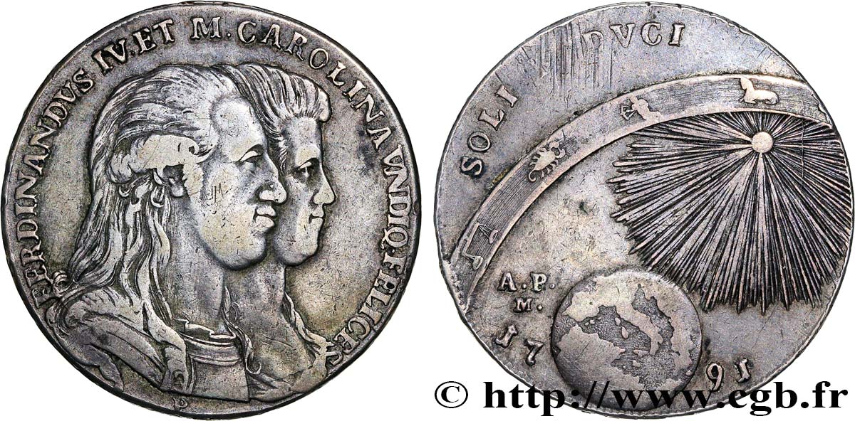 ITALIA - REGNO DI NAPOLI - FERDINANDO IV 1 Piastre de 120 Grana Ferdinand IV et Marie-Caroline 1791 Naples q.BB 