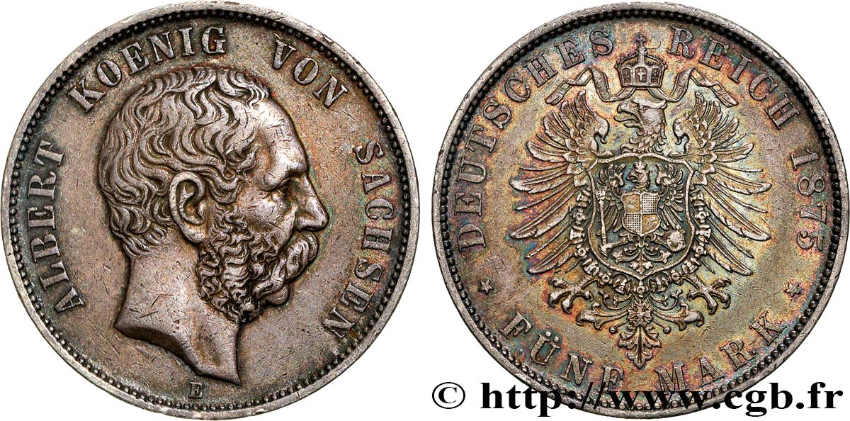 GERMANIA - SASSONIA 5 Mark roi Albert de Saxe 1875 Muldenhütten - E q.SPL 