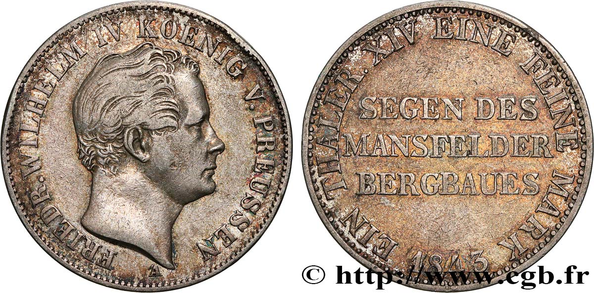 GERMANY - PRUSSIA 1 Thaler des mines Frédéric-Guillaume IV 1843 Berlin XF 