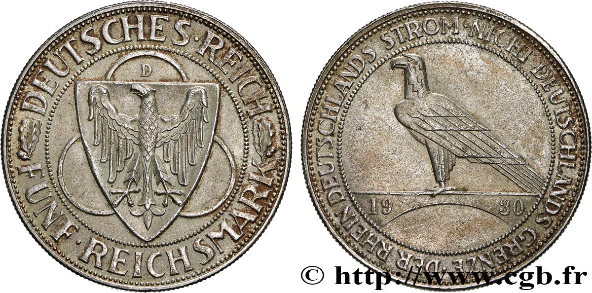 GERMANIA 5 Reichsmark Libération de la Rhénanie 1930 Munich SPL 