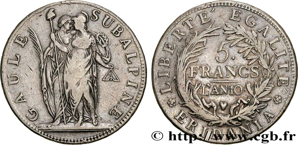 ITALIA - GALLIA SUBALPINA 5 Francs an 10 1802 Turin BC+ 
