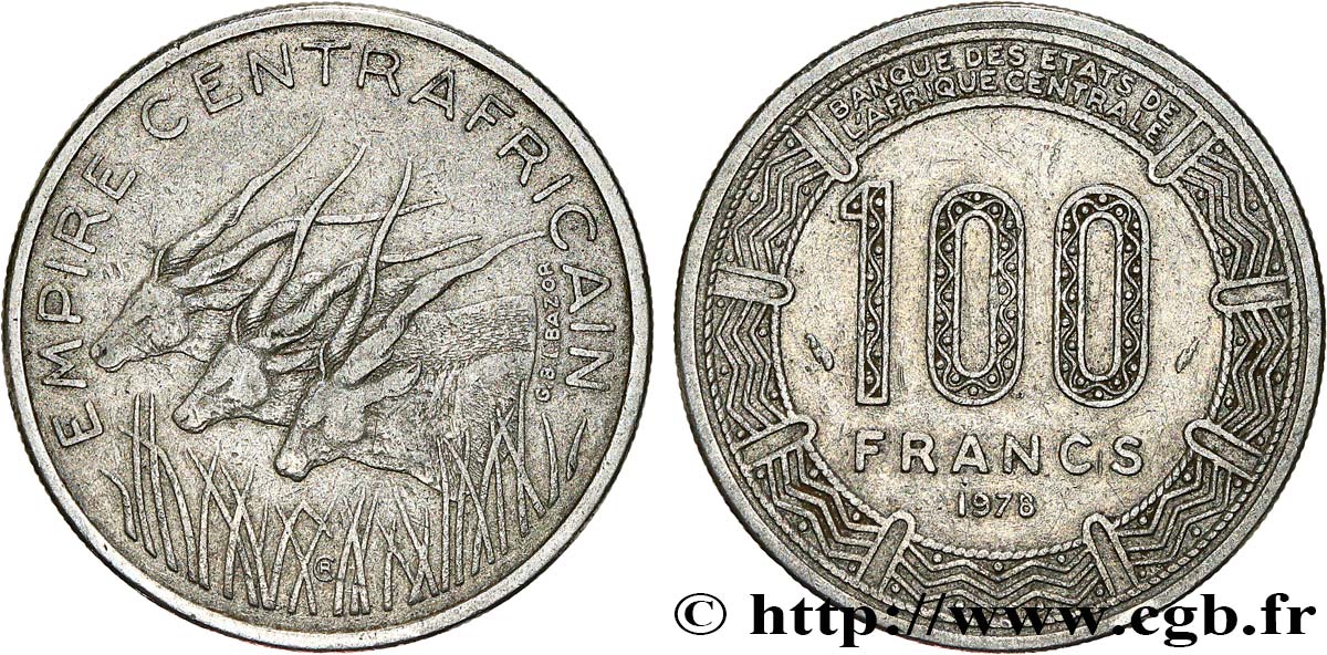 CENTRAFRIQUE 100 Francs “Empire Centrafricain” antilopes 1978 Paris TTB 