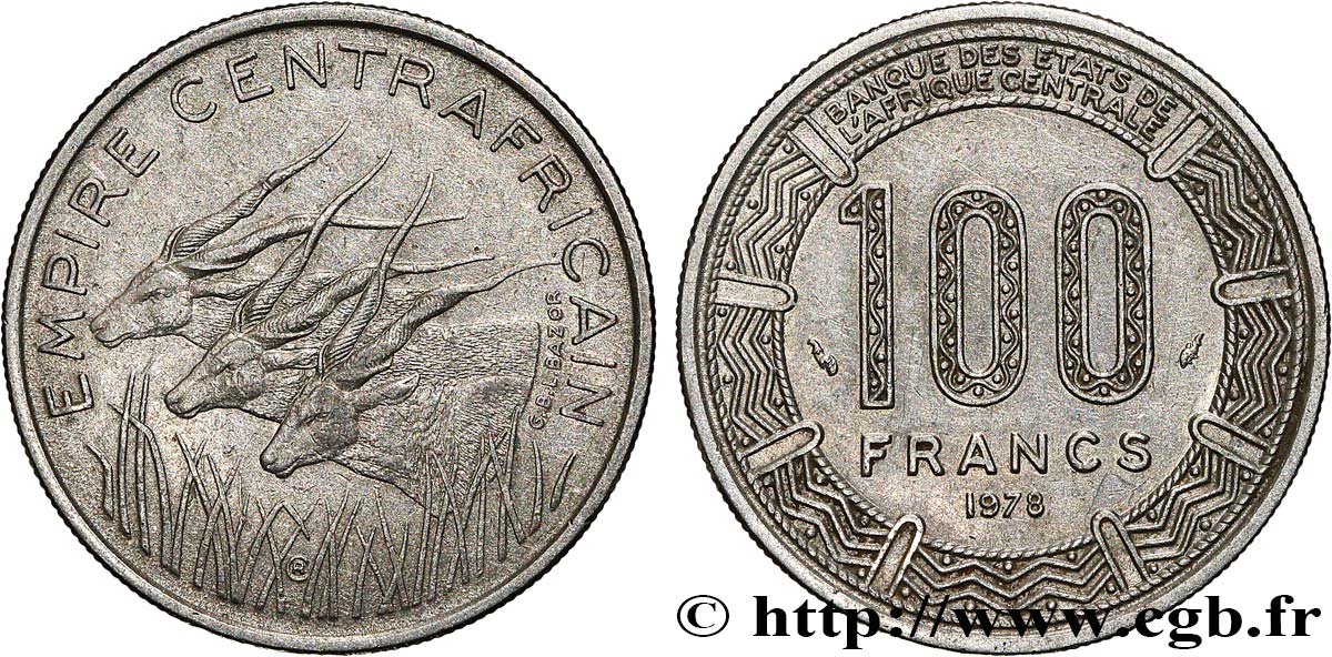 CENTRAFRIQUE 100 Francs “Empire Centrafricain” antilopes 1978 Paris TTB 