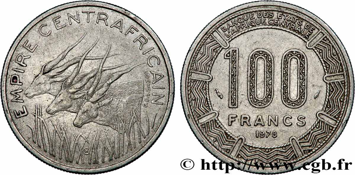 CENTRAFRIQUE 100 Francs “Empire Centrafricain” antilopes 1978 Paris TTB 