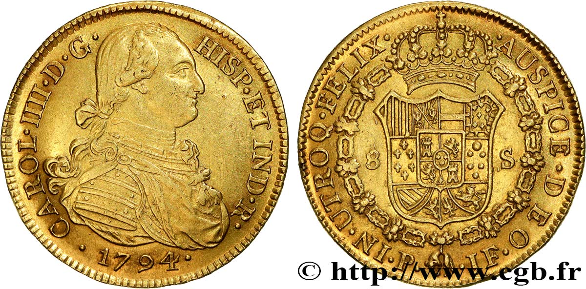 COLOMBIE - CHARLES IV 8 Escudos or  1794 Popayan MBC/MBC+ 