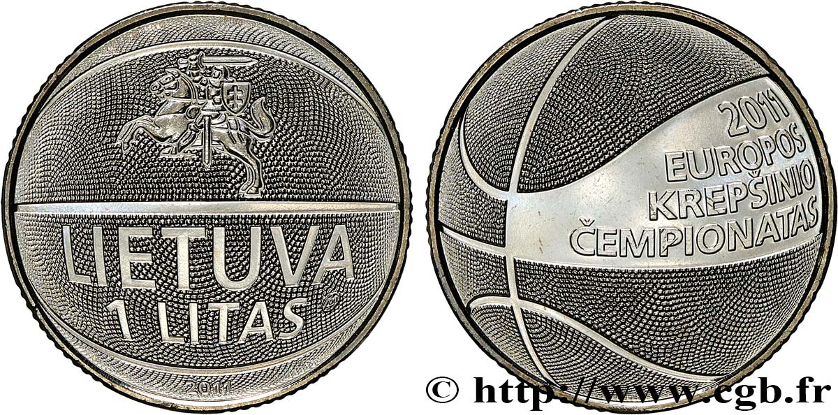 LITHUANIA 1 Litas  : championnat européen de Basket Ball : chevalier Vytis / ballon de basket ball 2011  MS 