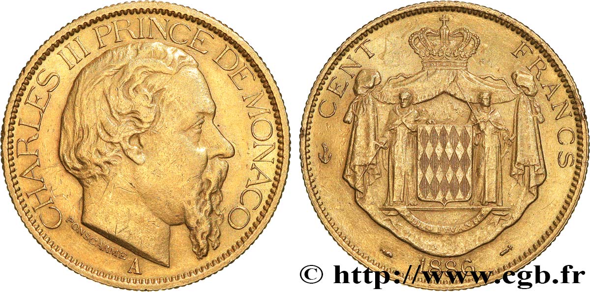 MONACO 100 Francs or Charles III 1886 Paris MBC+ 
