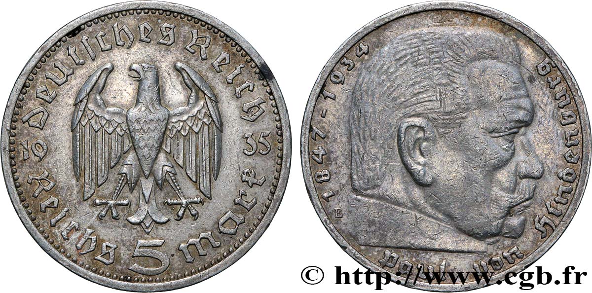 GERMANY 5 Reichsmark Maréchal Paul von Hindenburg 1935 Muldenhütten - E XF 