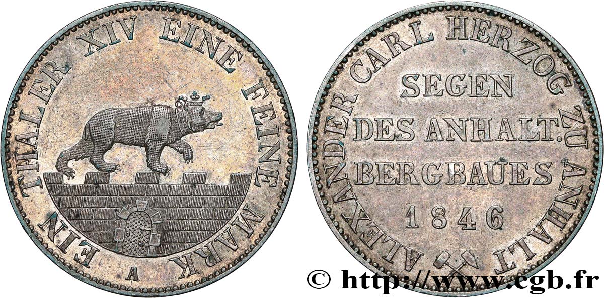 GERMANY - DUCHY OF ANHALT-BERNBURG - ALEXANDER CHARLES Thaler des mines 1846 Berlin AU 