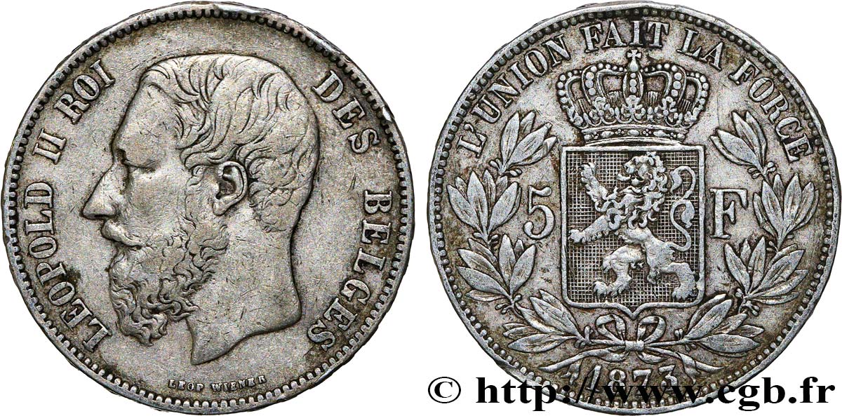 BELGIQUE 5 Francs Léopold II 1873  TB+ 
