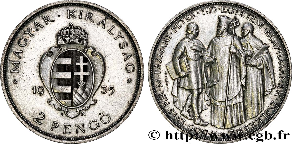 HUNGARY 2 Pengo 300e anniversaire de la fondation de l’Université de Pazmany 1935 Budapest XF 