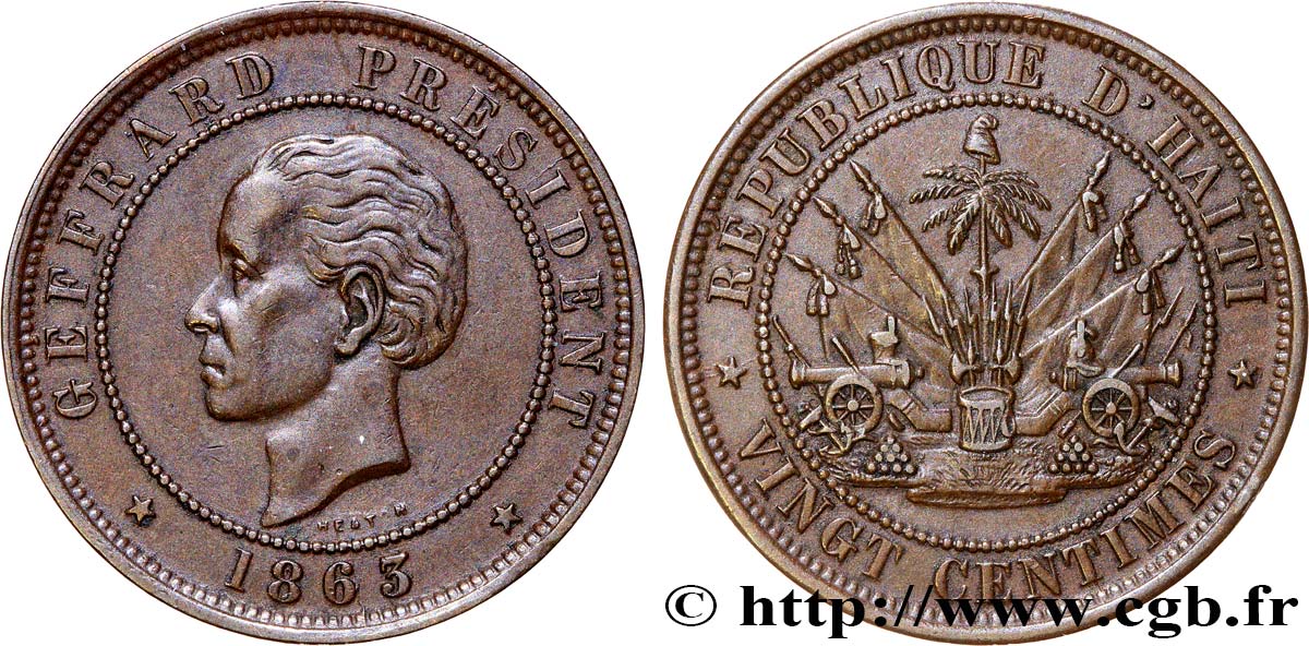 HAITI 20 Centimes président Geffrard 1863 Heaton q.SPL 