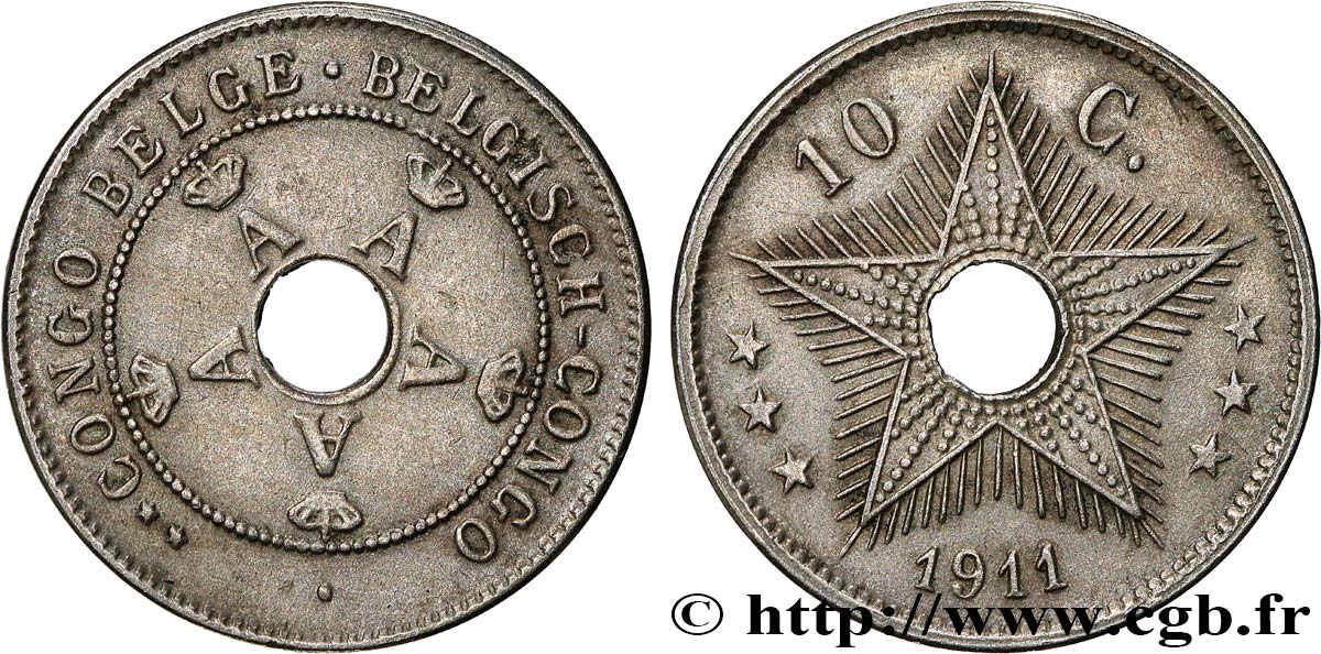 CONGO BELGA 10 Centimes monogramme A (Albert) couronné 1911  BB 