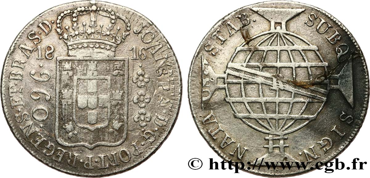 BRAZIL 960 Réis, surfrappé sur un 8 Reales de Charles IV 1816 Rio de Janeiro XF 