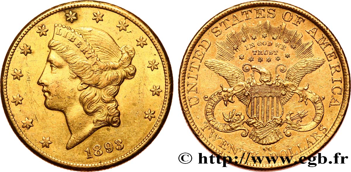 UNITED STATES OF AMERICA 20 Dollars  Liberty  1893 Carson City AU 