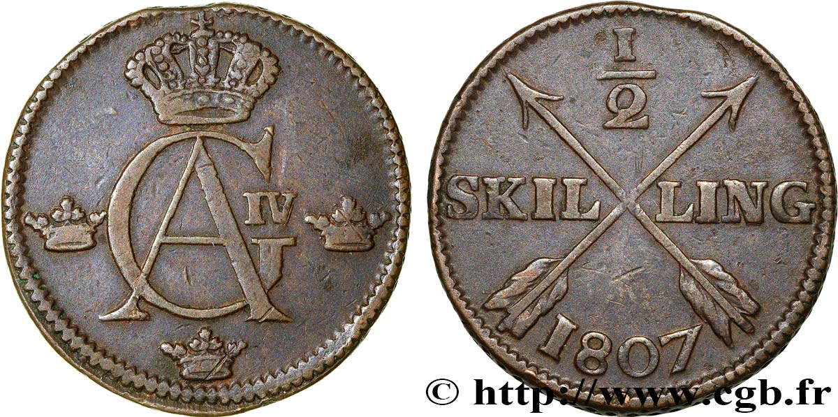 SVEZIA 1/2 Skilling monograme du roi Gustave IV Adolphe 1807  BB 