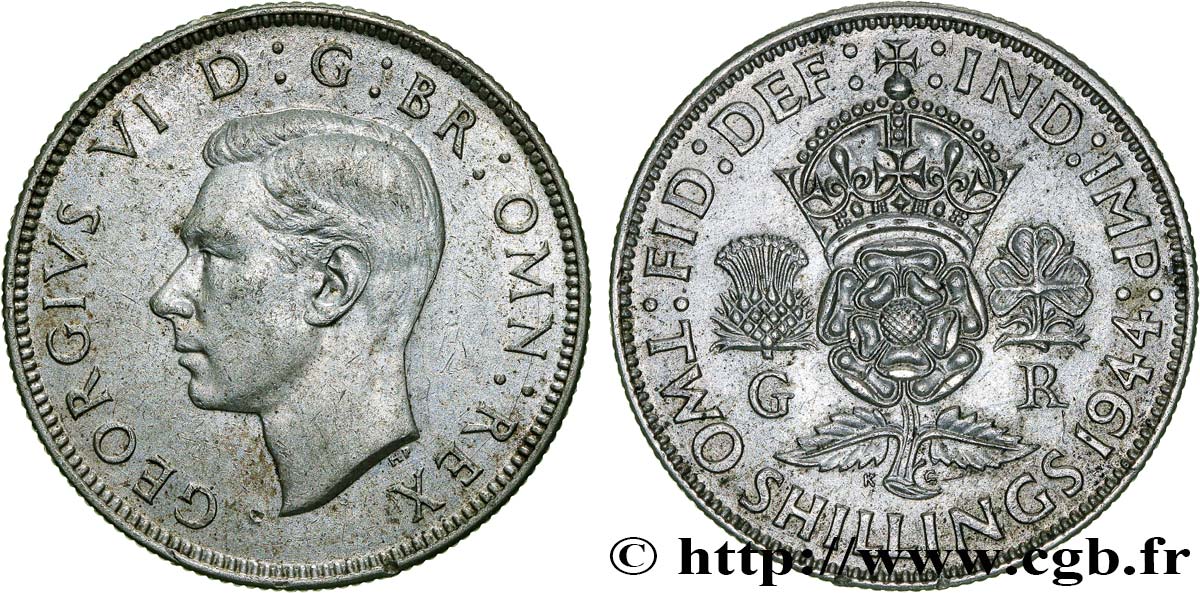 UNITED KINGDOM 1 Florin (2 Shillings) Georges VI 1944  AU 