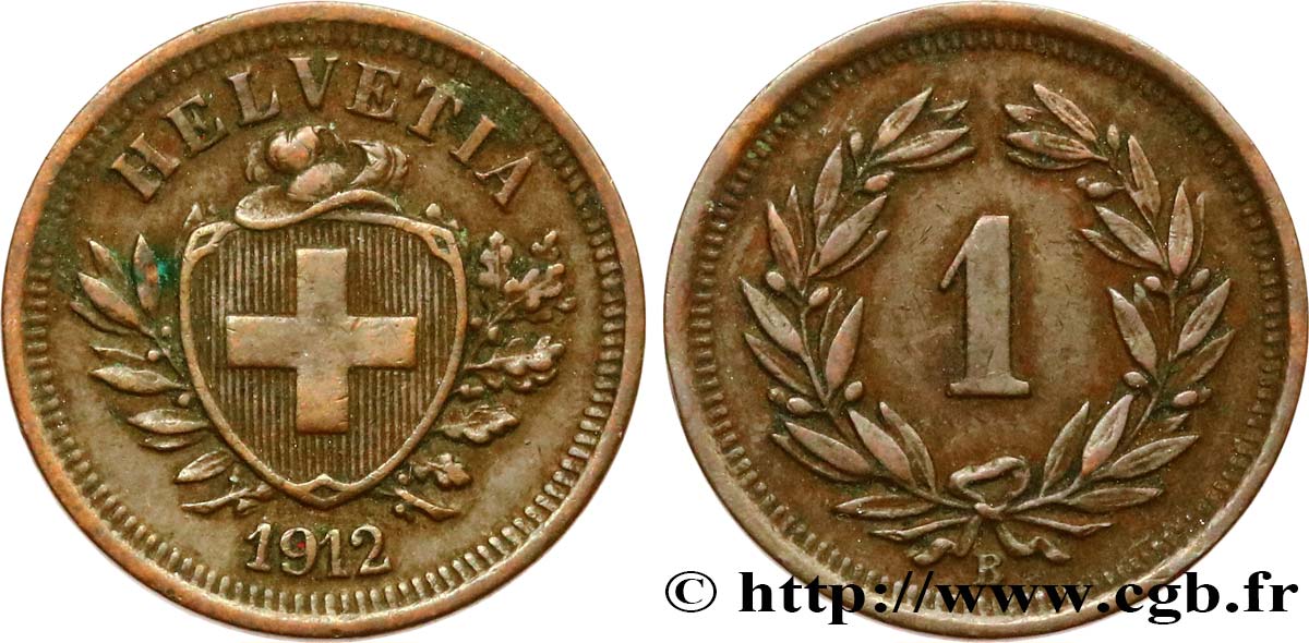 SWITZERLAND 1 Centime (Rappen) Croix Suisse 1912 Berne XF 
