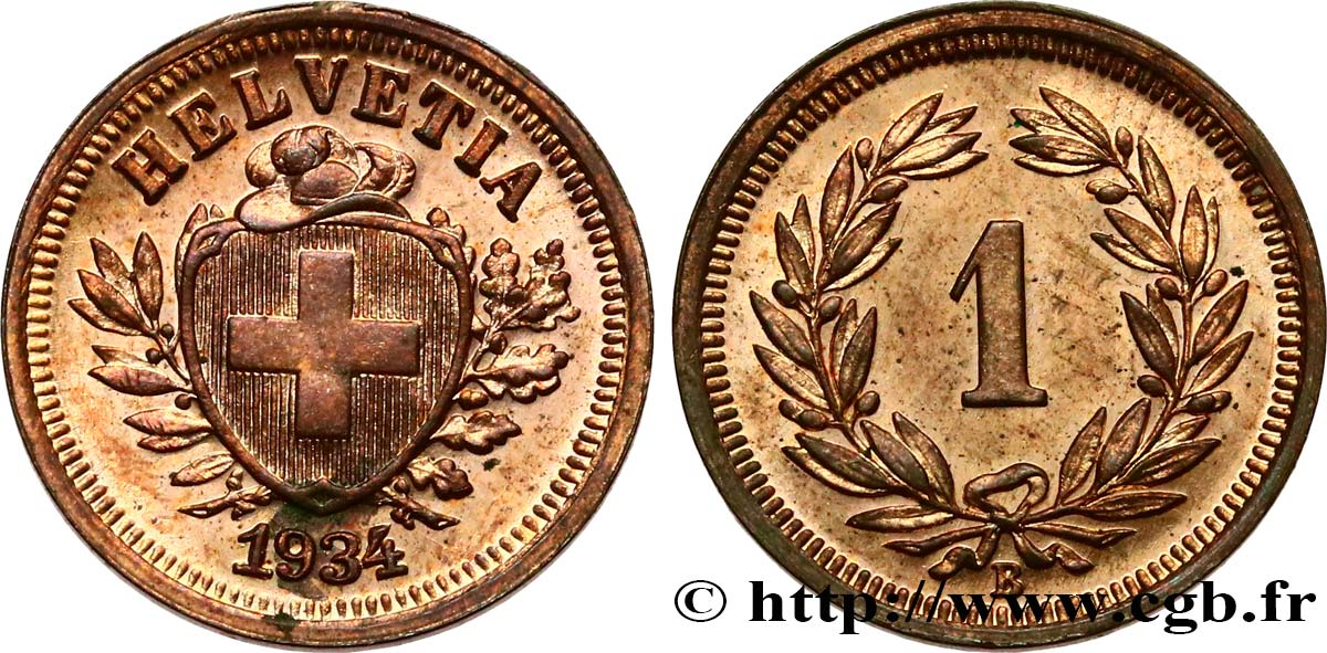 SVIZZERA  1 Centime (Rappen) Croix Suisse 1934 Berne MS 