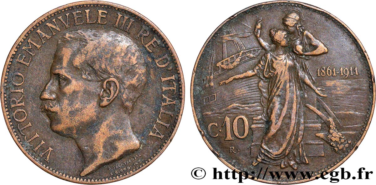 ITALIE 10 Centesimi Victor Emmanuel III - 50e anniversaire de l’Unité Italienne 1911 Rome TTB 