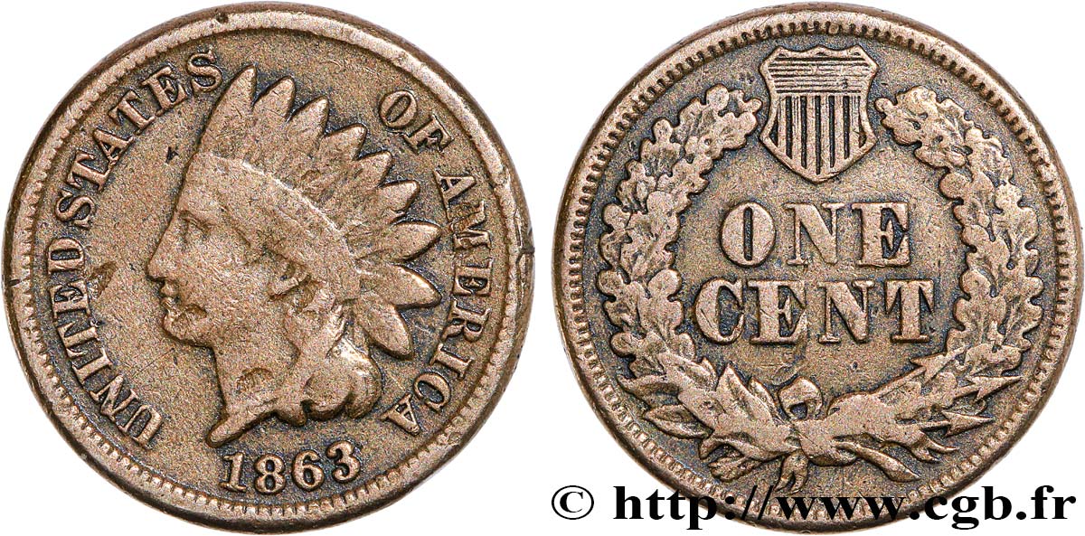 ÉTATS-UNIS D AMÉRIQUE 1 Cent tête d’indien 2e type 1863 Philadelphie TB 