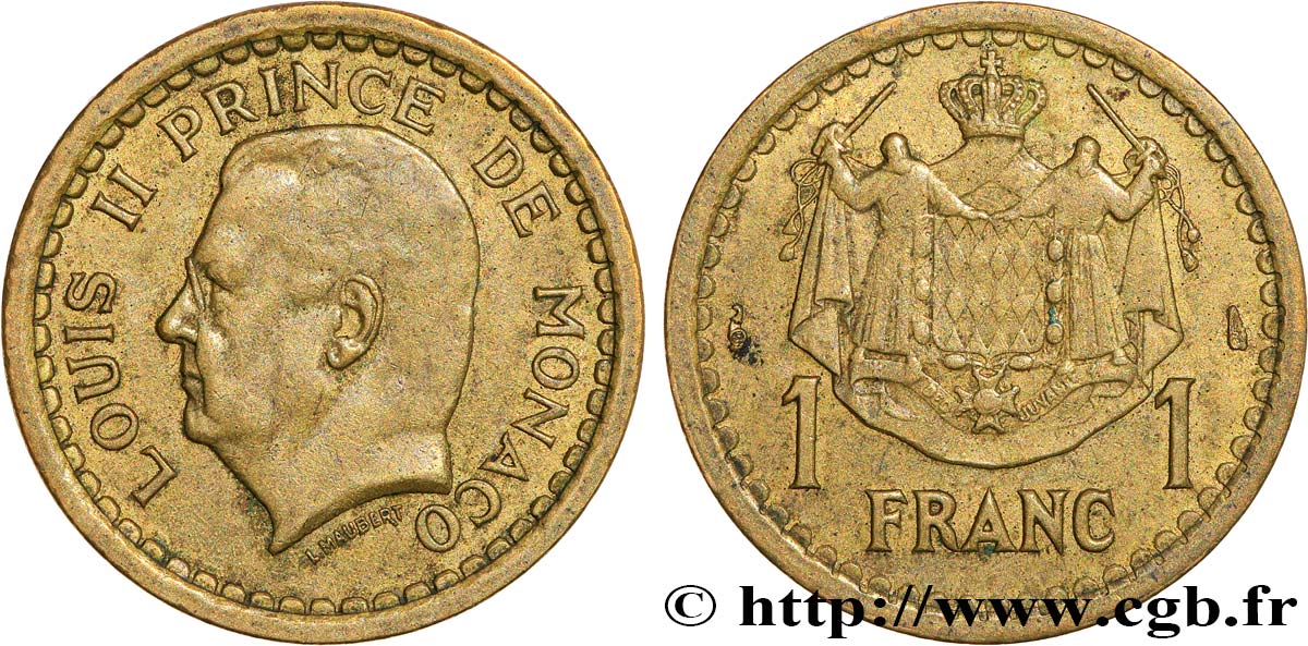 MONACO 1 Franc Louis II (1943) Paris XF 