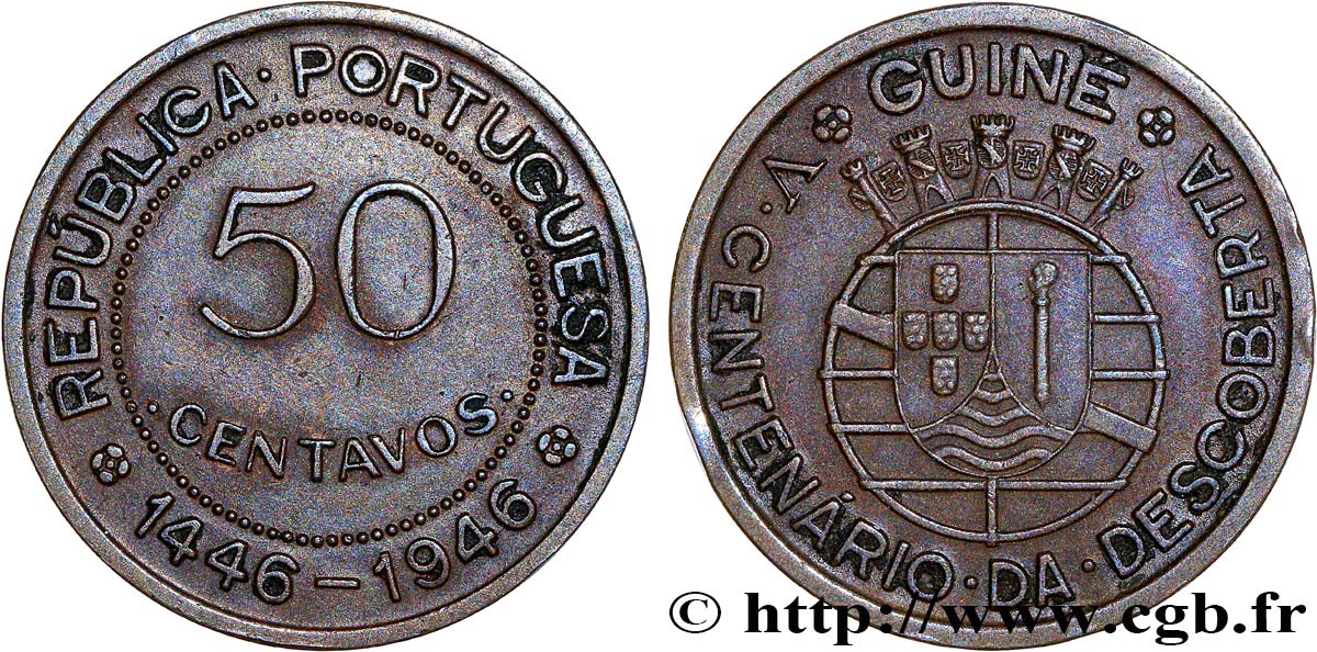 GUINEA-BISSAU 50 Centavos monnayage colonial Portugais, cincentenaire de la découverte 1946  VZ 