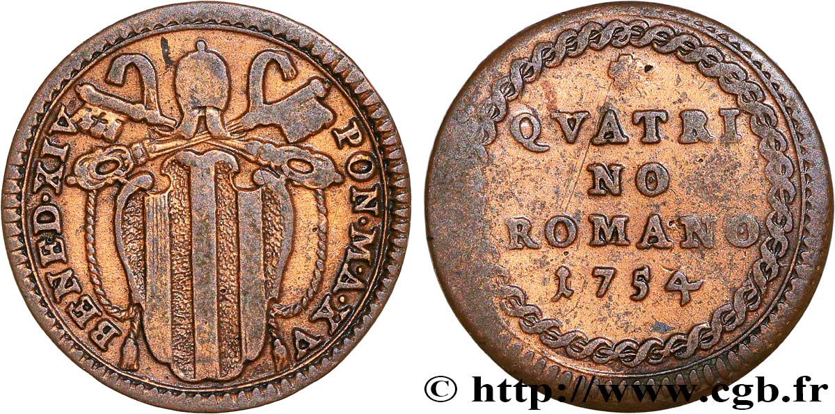 VATICAN AND PAPAL STATES 1 Quattrino aux armes de Benoît XIV an XV 1754  VF 