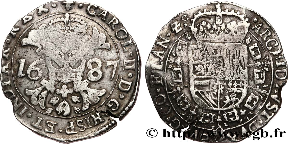 SPANISH NETHERLANDS - COUNTY OF FLANDERS - CHARLES II Patagon  1687 Bruges XF 