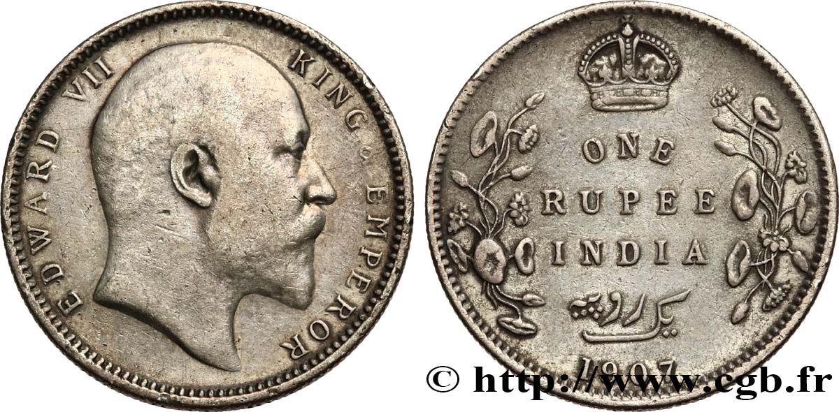 BRITISCH-INDIEN 1 Rupee (Roupie) Edouard VII 1907 Calcutta SS 