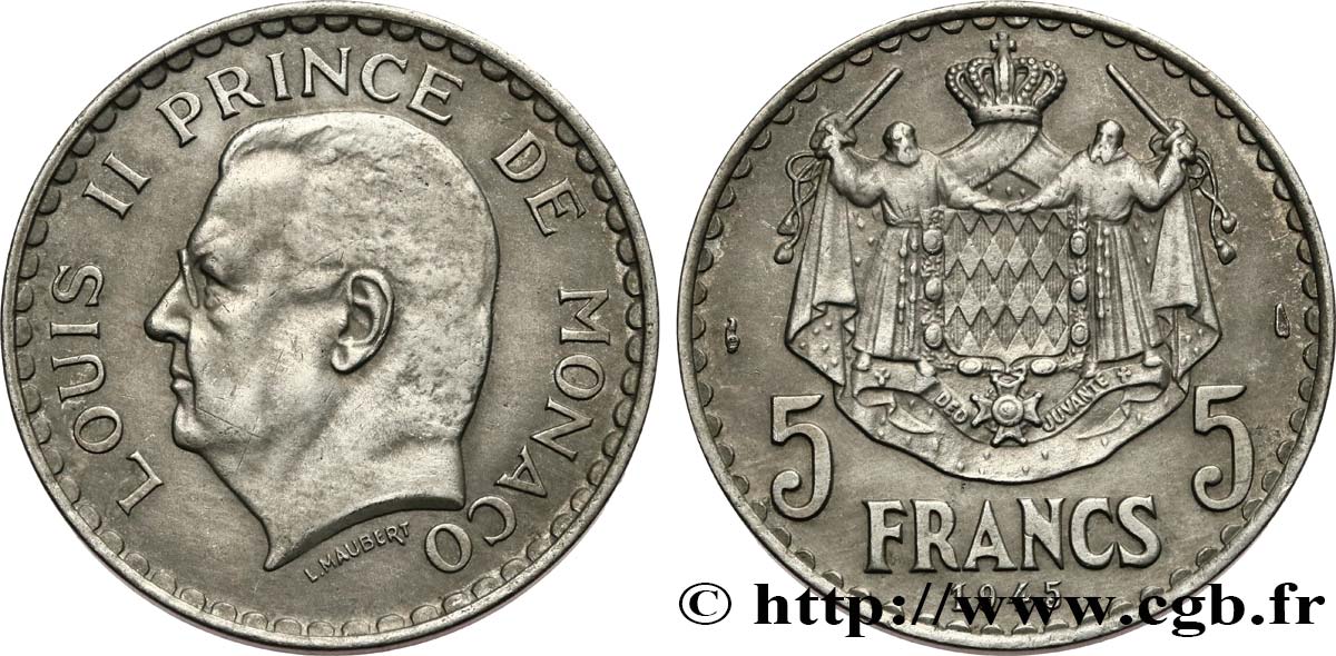 MONACO 5 Francs Louis II 1945 Paris AU 