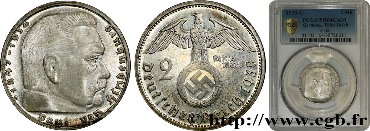 ALEMANIA 2 Reichsmark PROOF Maréchal Paul von Hindenburg 1938 Karlsruhe FDC PCGS