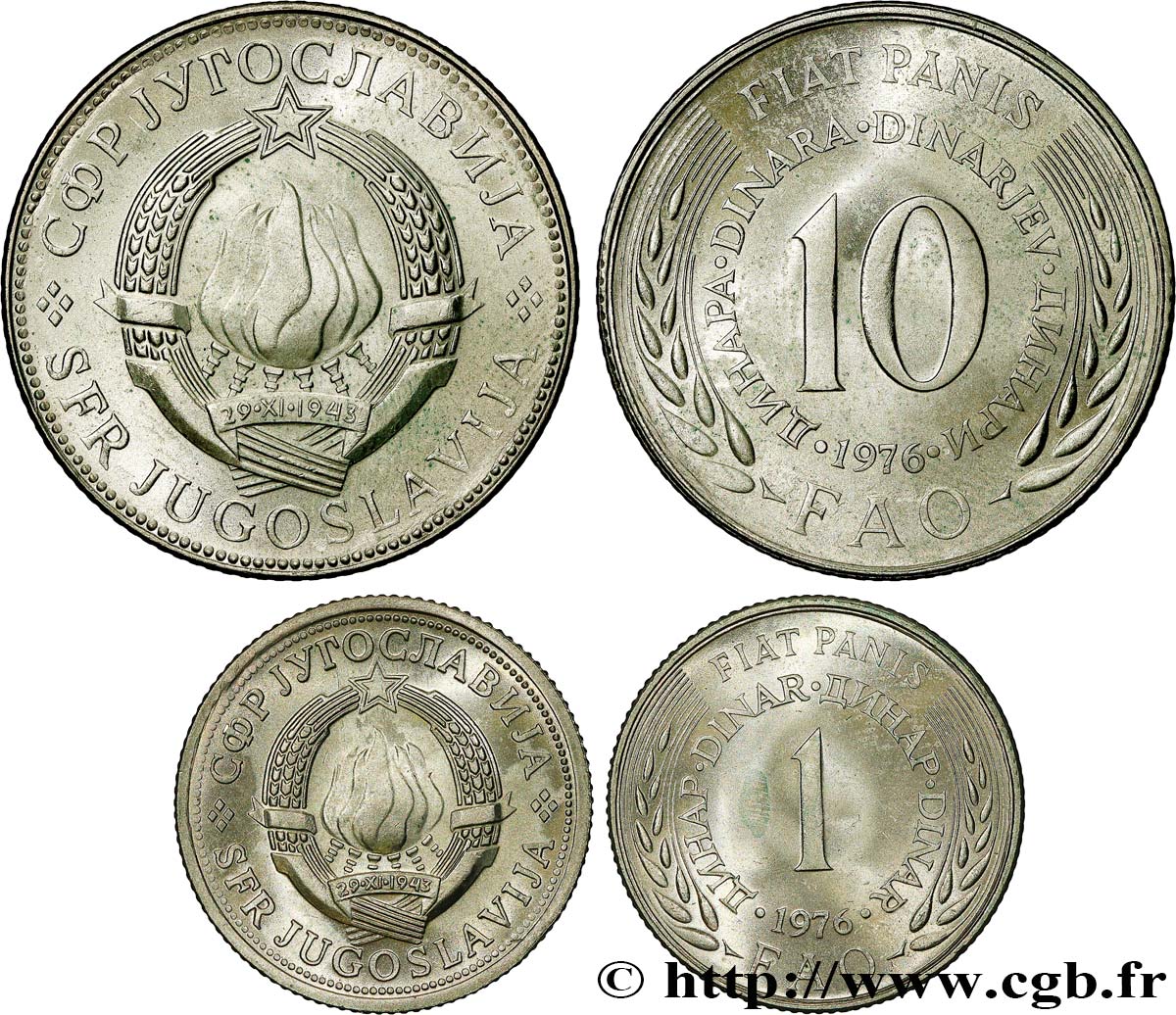 YOUGOSLAVIE Série 1 Dinar et 10 Dinara FAO 1976  FDC 