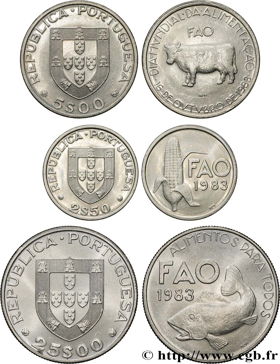PORTUGAL Lot trois monnaies 21/2, 5 et 25 Escudos FAO 1983  SPL 