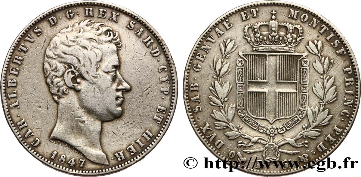 ITALIE - ROYAUME DE SARDAIGNE 5 Lire Charles Albert 1847 Gênes TB+ 