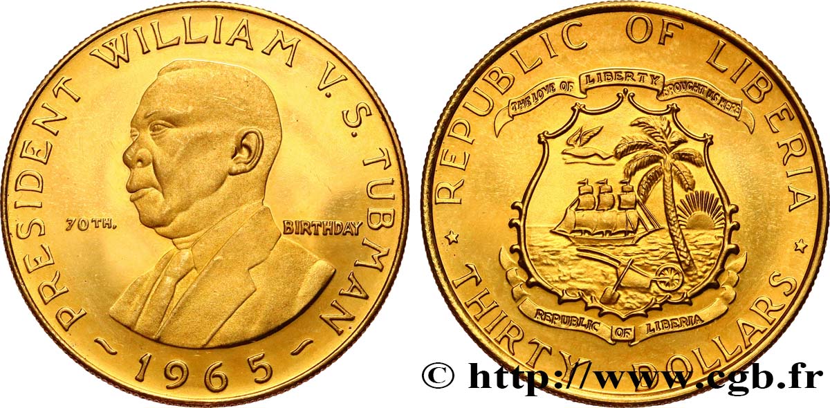 LIBERIA - REPUBLIC OF LIBERIA 30 Dollars Proof 1965  AU 